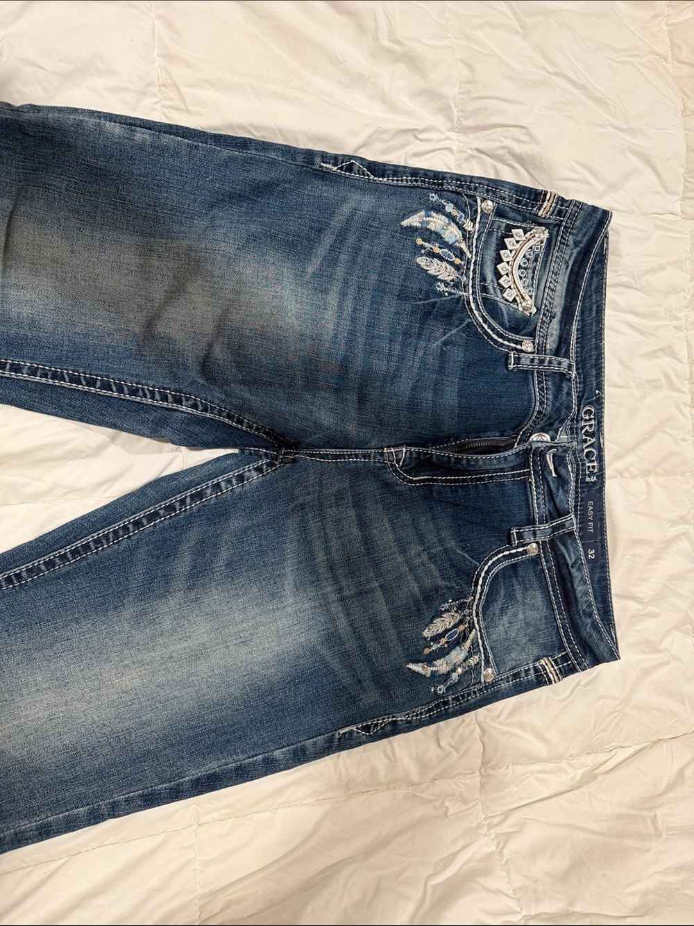 Grace in LA Dark Blue Embroidered Boot Cut Jeans